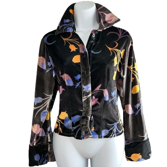 BARRAGÁN Velvet Floral Woman Shirt Vintage Style Stretch Comfort Wear Size XS - Picture 1 of 8